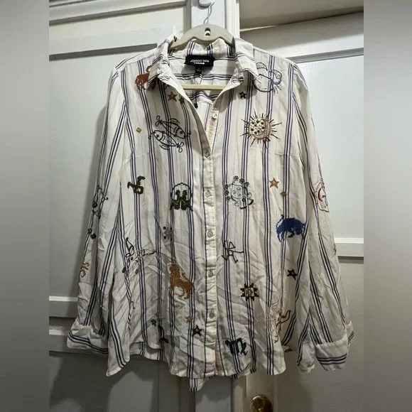 Johnny Was ARIANA BUTTON BACK striped silk shirt with zodiac embroidery size sm - Picture 10 of 16